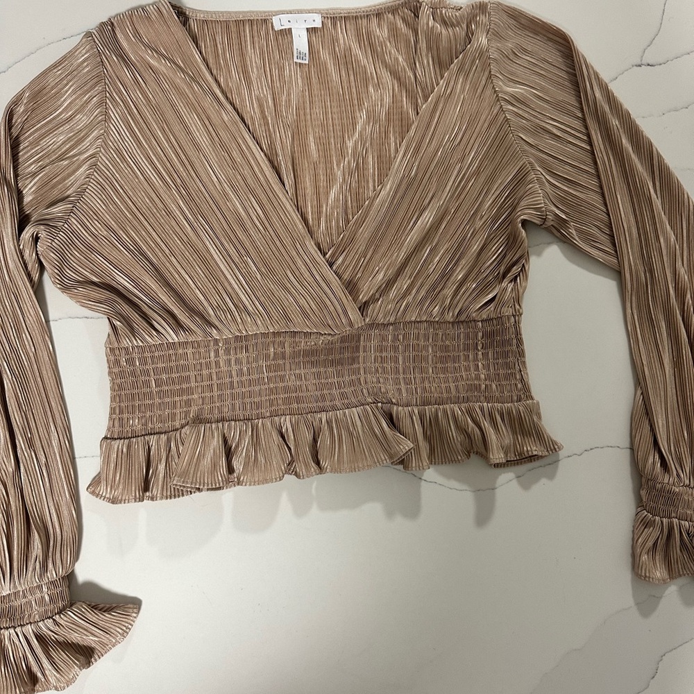 Leith Champagne Pleated Wrap Blouse with Long Sleeves